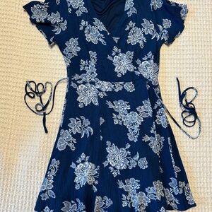 Blue and White Flutter Sleeve Wrap Dress